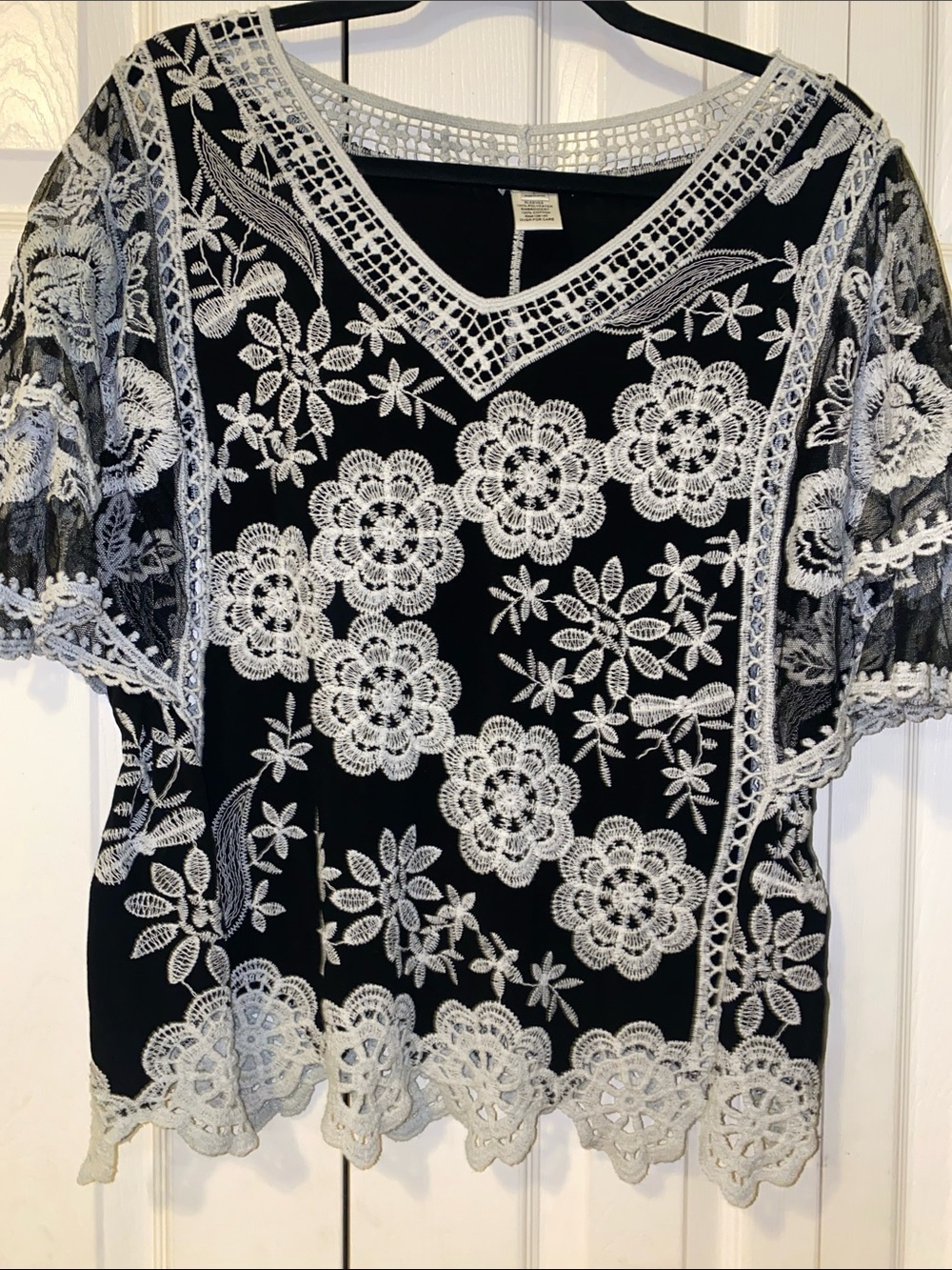 Ultra Pink Black Top with White Floral Lace Overlay